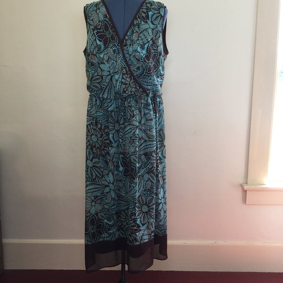 Dress Barn Turquoise and Brown Abstract Floral Dress Size 14W - Picture 1 of 7